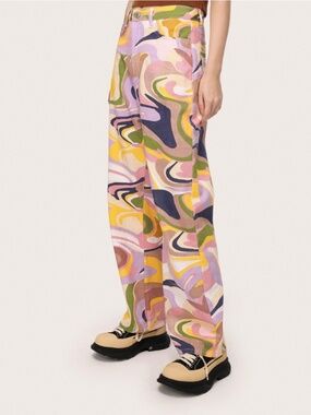 Zara Abstract Multicolor Swirl Straight Leg Jeans Retro 70s US 12 NWOT